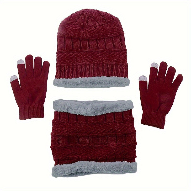 Knitted Gloves & Hat & Scarf Set - Warm Beanie Hat Neck Scarf Touch Gloves