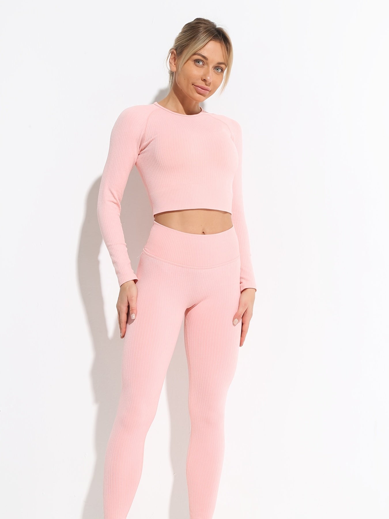 2pcs Long Sleeve Yoga Crop Top & High Waist Leggings Set