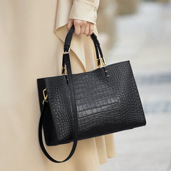 Crocodile Pattern Cowhide Handbag with Detachable Shoulder Strap