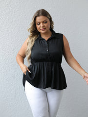  Solid Button Up Turn Down Collar Peplum Vest Top