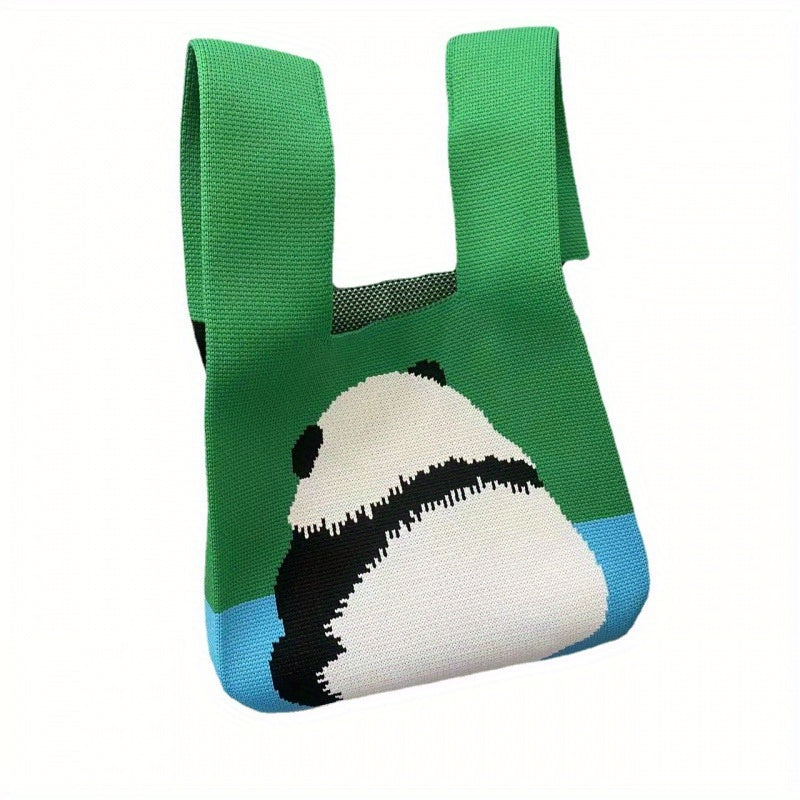 Knitted Panda Pattern Handbag Colorblock Satchel Bag