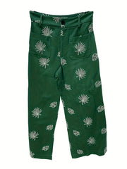  Leaf Print Button Fly High Rise Wide Leg Trousers