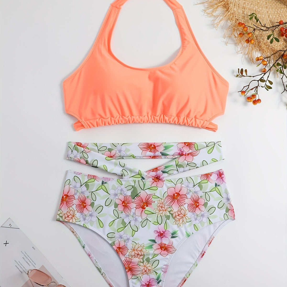  Floral Print Halter Neck Swimsuit Set