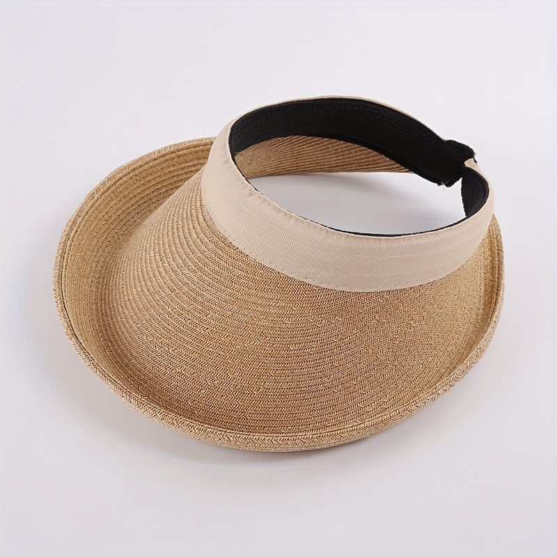 UV Protection Straw Sun Hat Roll Brim Ponytail Visor Hat Vintage Beach Hats