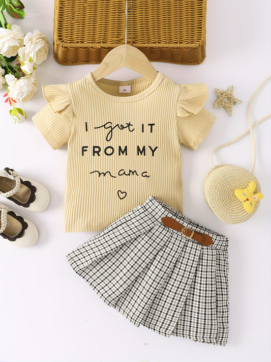 Girls T Shirt & Plaid Skirt Set Ruffles Short Sleeves I GOT IT FROM MY MAMA