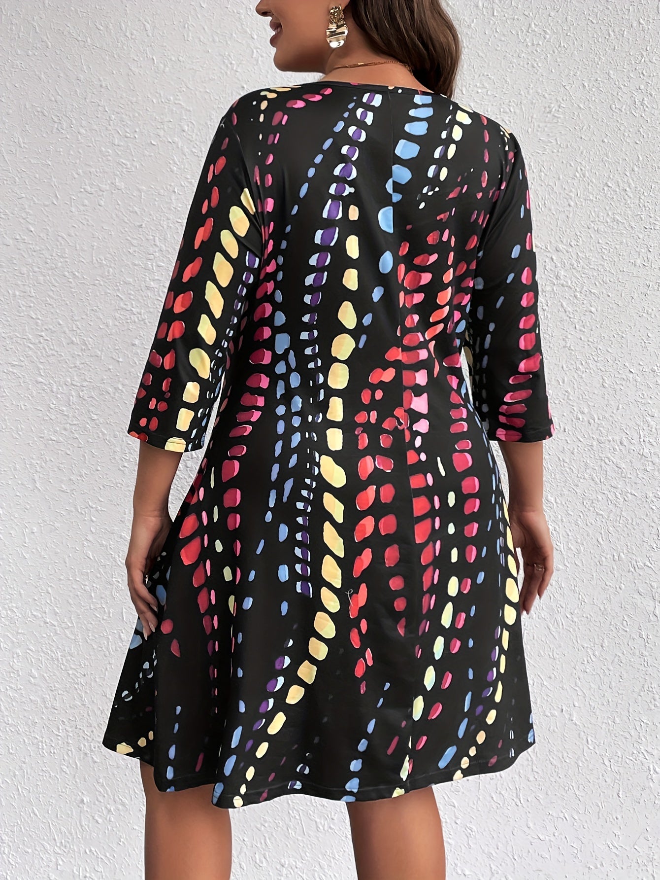  Tie Dye Three Quarter Sleeve V Neck Dress