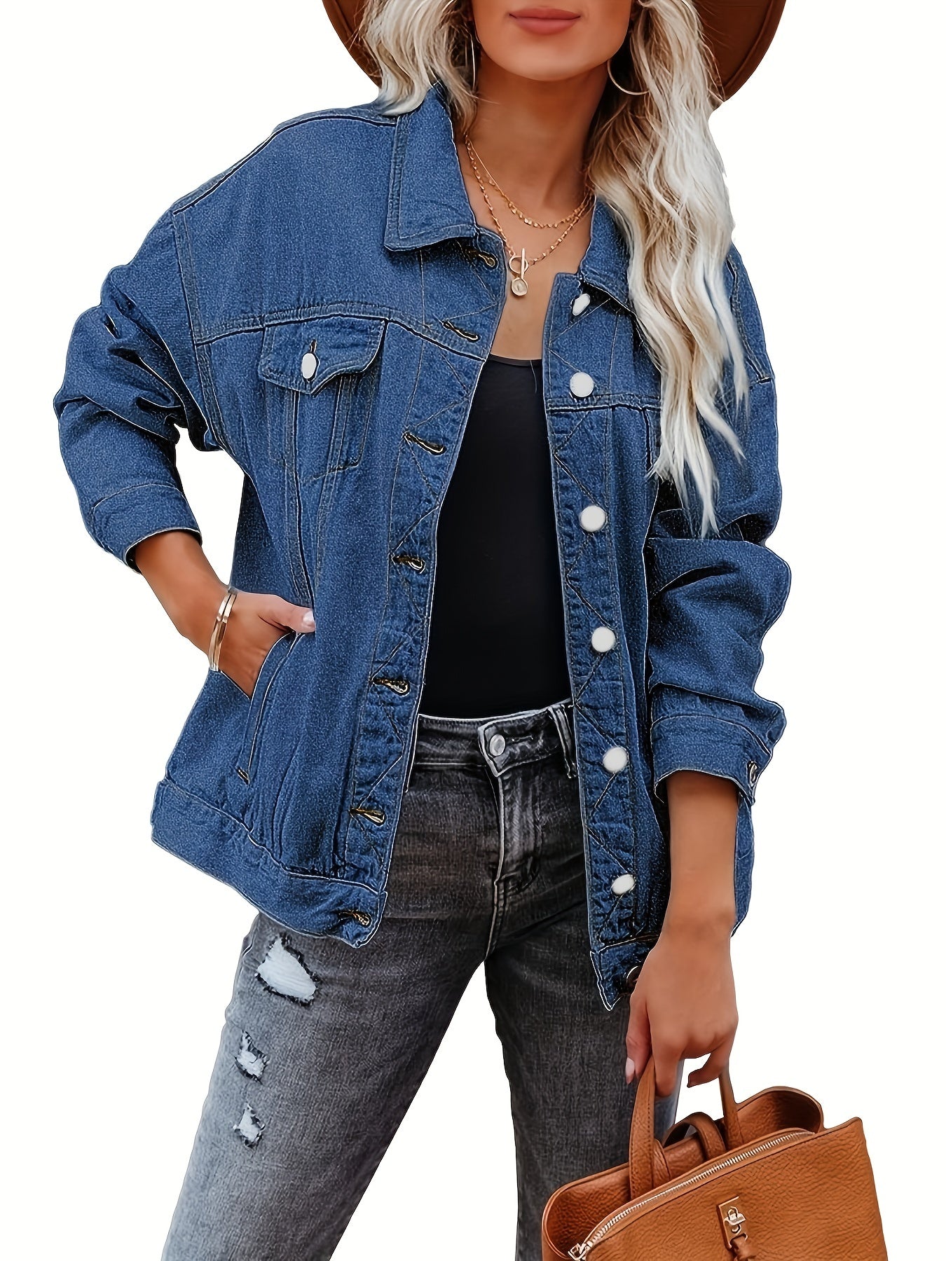 Women's Plus Denim Trucker Jacket Long Sleeve Button Up