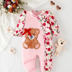 Baby Girl Bear Flower Embroidered Patchwork Button Onesie