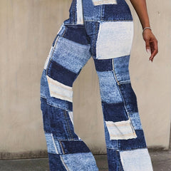  Colorblock Denim Print Flared Leg Trousers