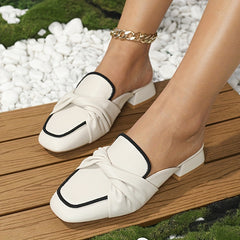 Square Toe Twist Knot Mules Chunky Heel Slip On Loafers
