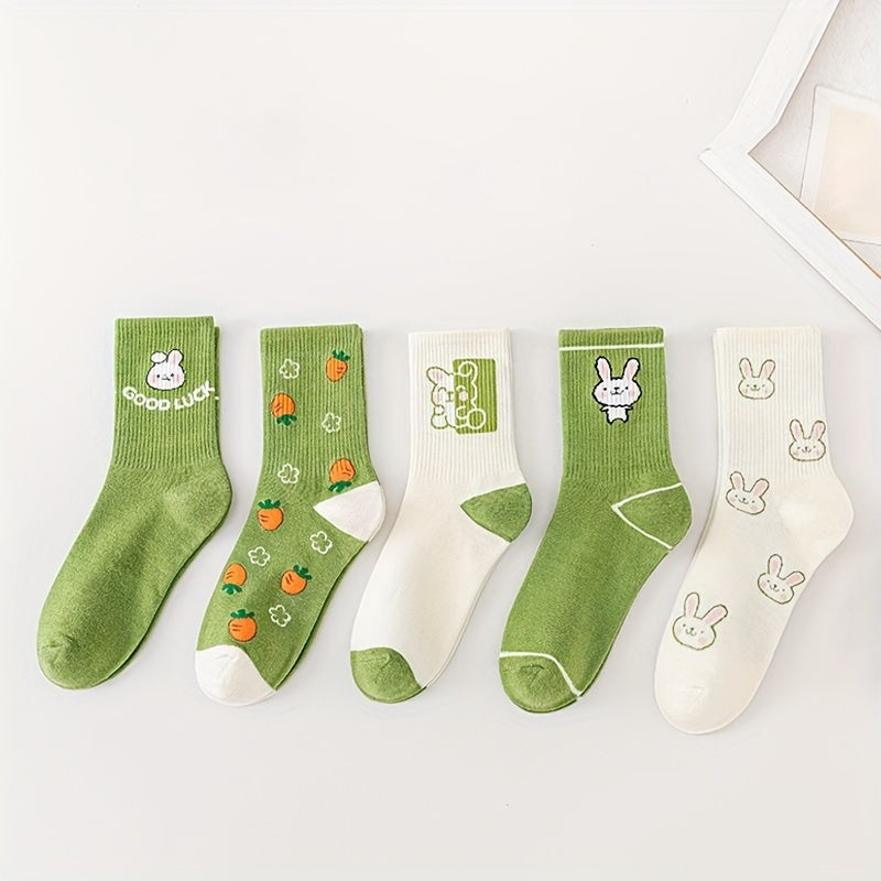5 Pairs Bunny & Carrot Print Socks Women's Mid Tube Stockings
