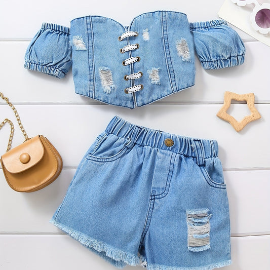 Girls Off Shoulder Denim Top & Ripped Shorts Set