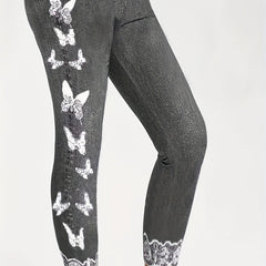  Butterfly & Denim Print Skinny Leggings