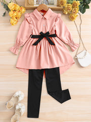 Girl's Lapel Top & Trousers Set With Belt