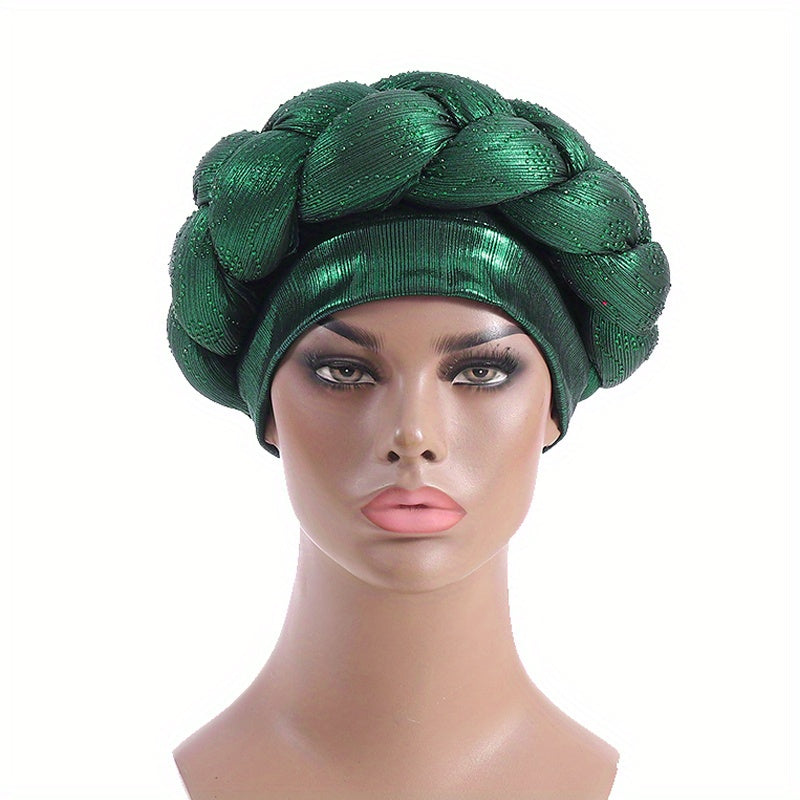 Braided Turban Cap Rhinestone Decor Elastic Head Wrap Bonnet