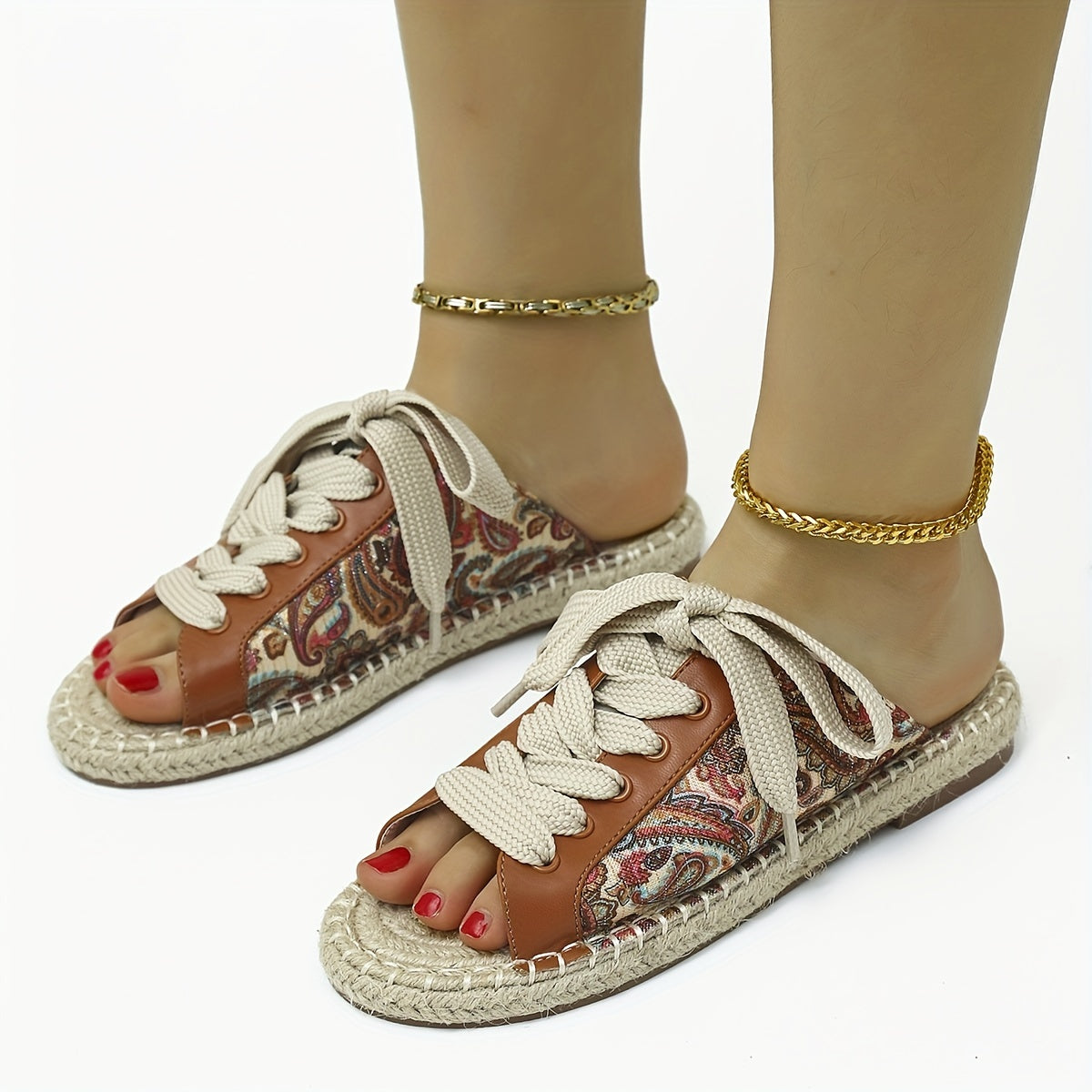 Women's Retro Flower Flat Sandals Lace-Up Espadrilles Comfortable Summer Shoes