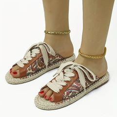 Women's Retro Flower Flat Sandals Lace-Up Espadrilles Comfortable Summer Shoes