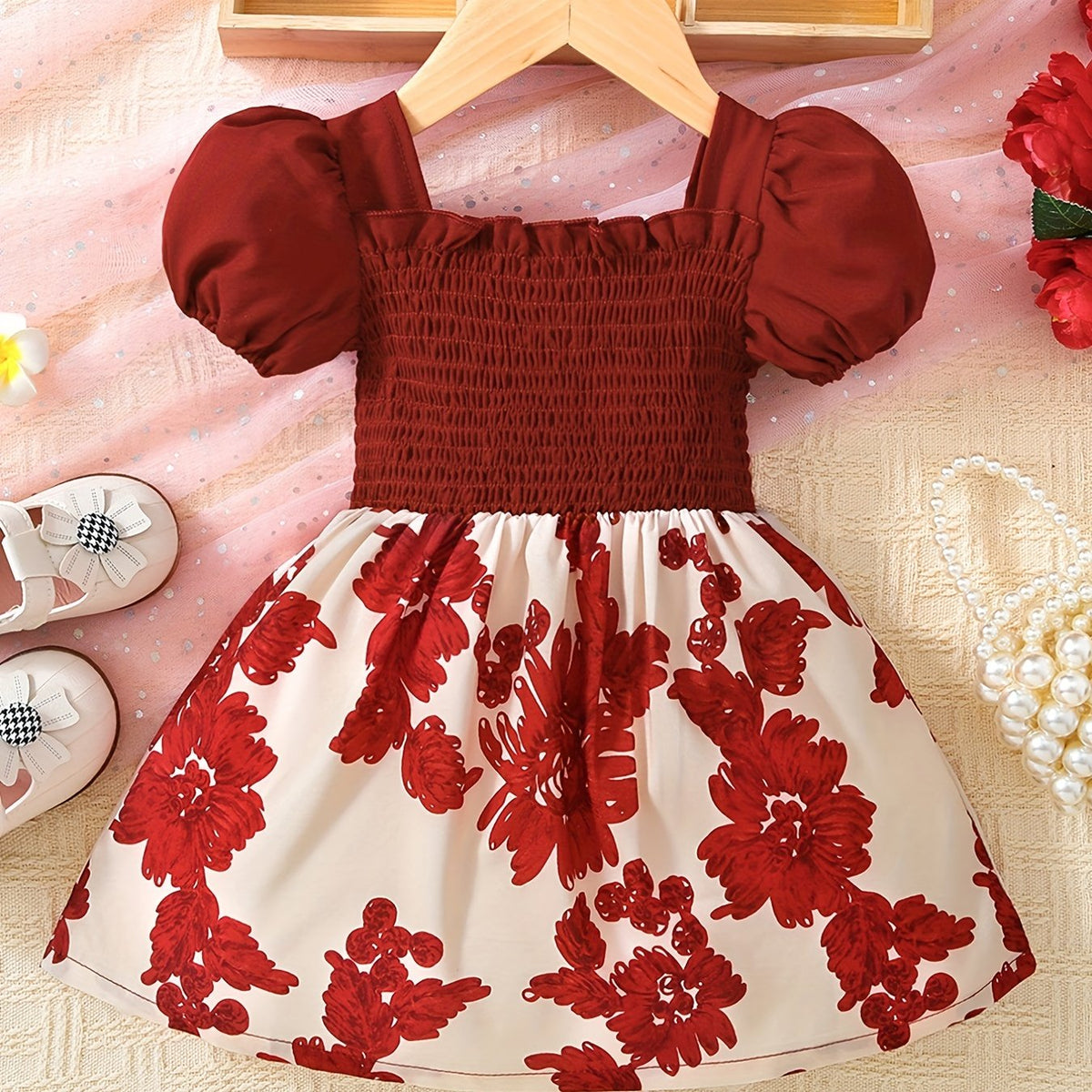 Baby Girls Floral Print Puff Sleeve Dress