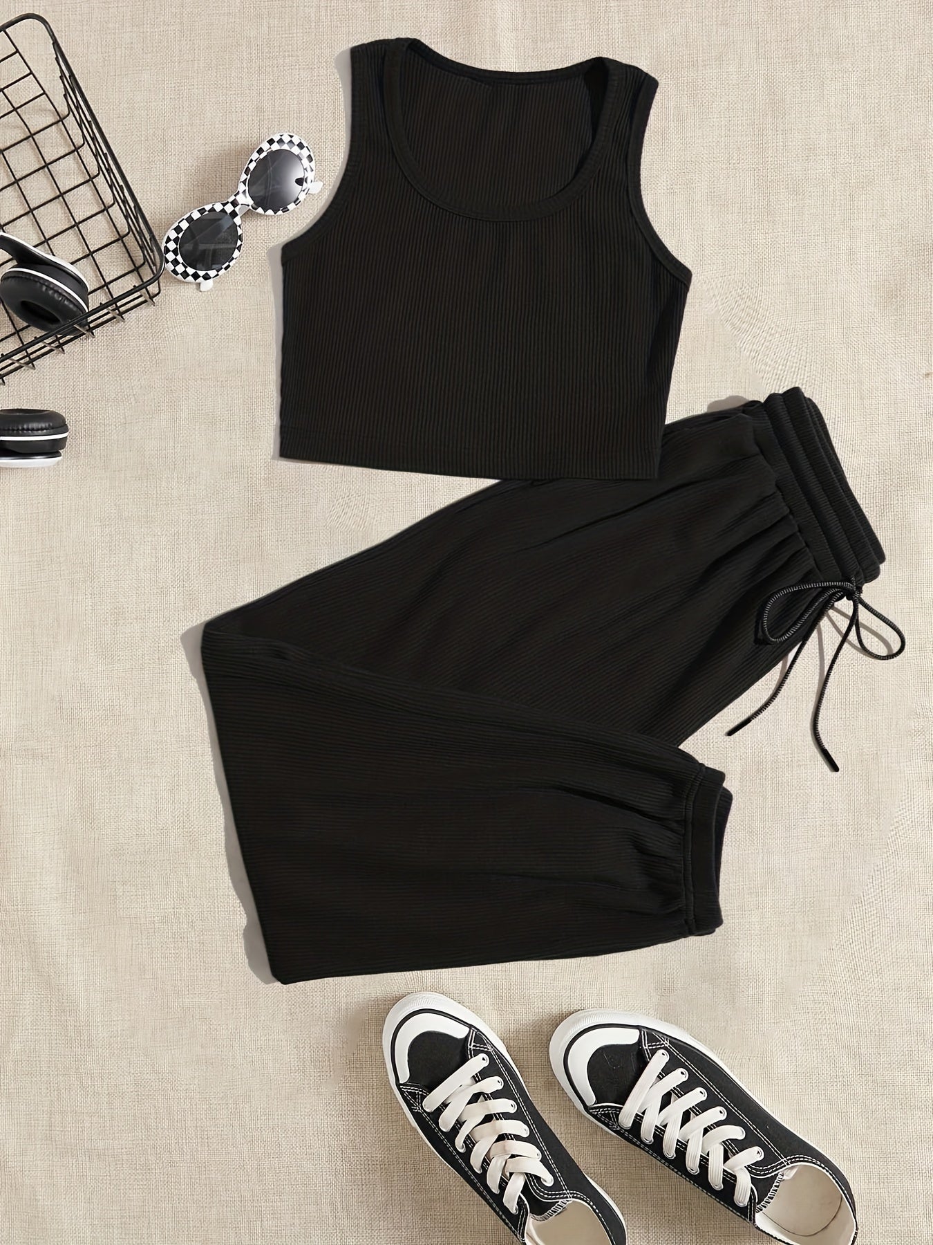 Casual Sporty Two-Piece Set Tank Top & Waist Pants