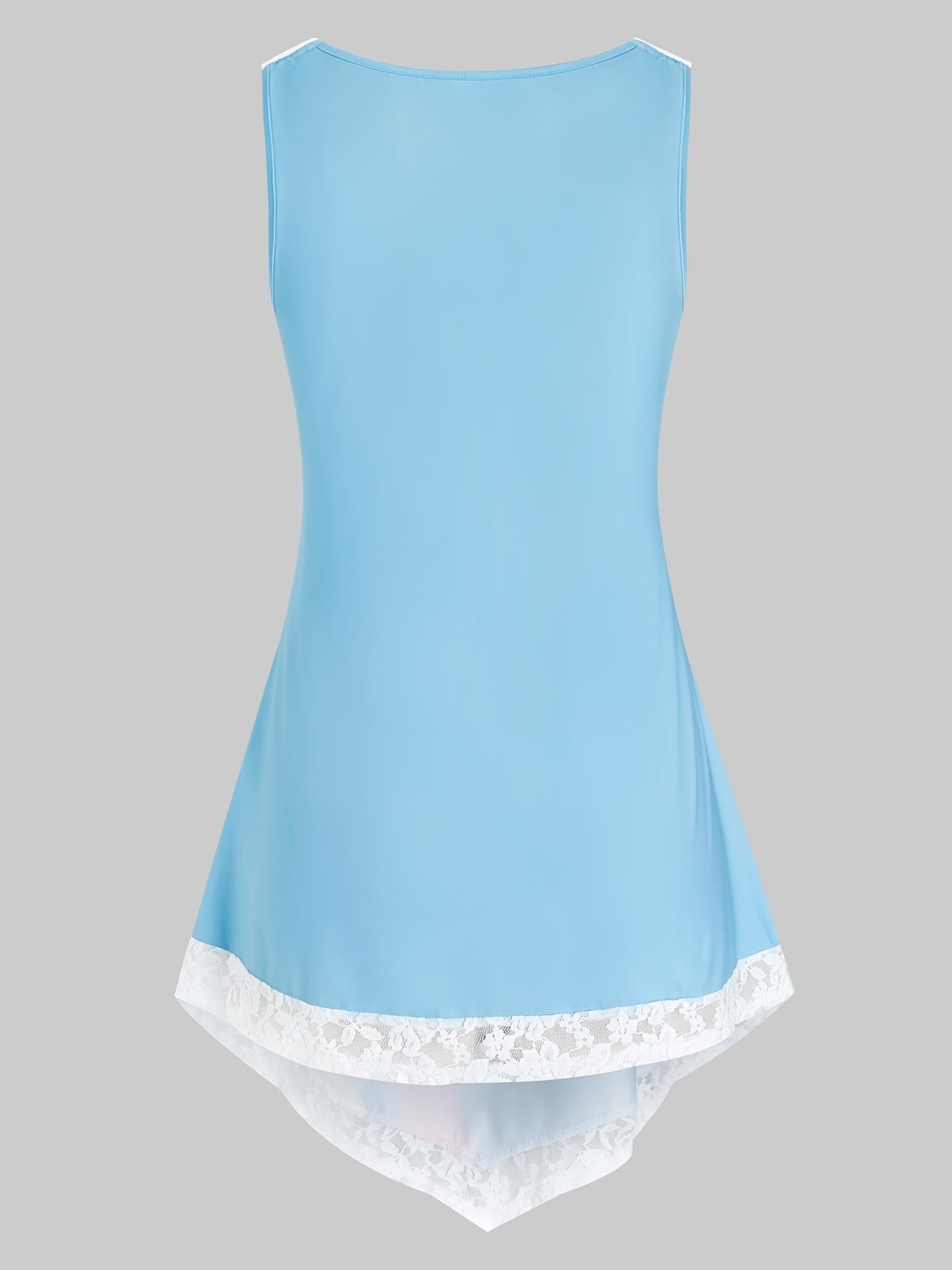 Daisy Print Lace Trim Round Neck Tank Top