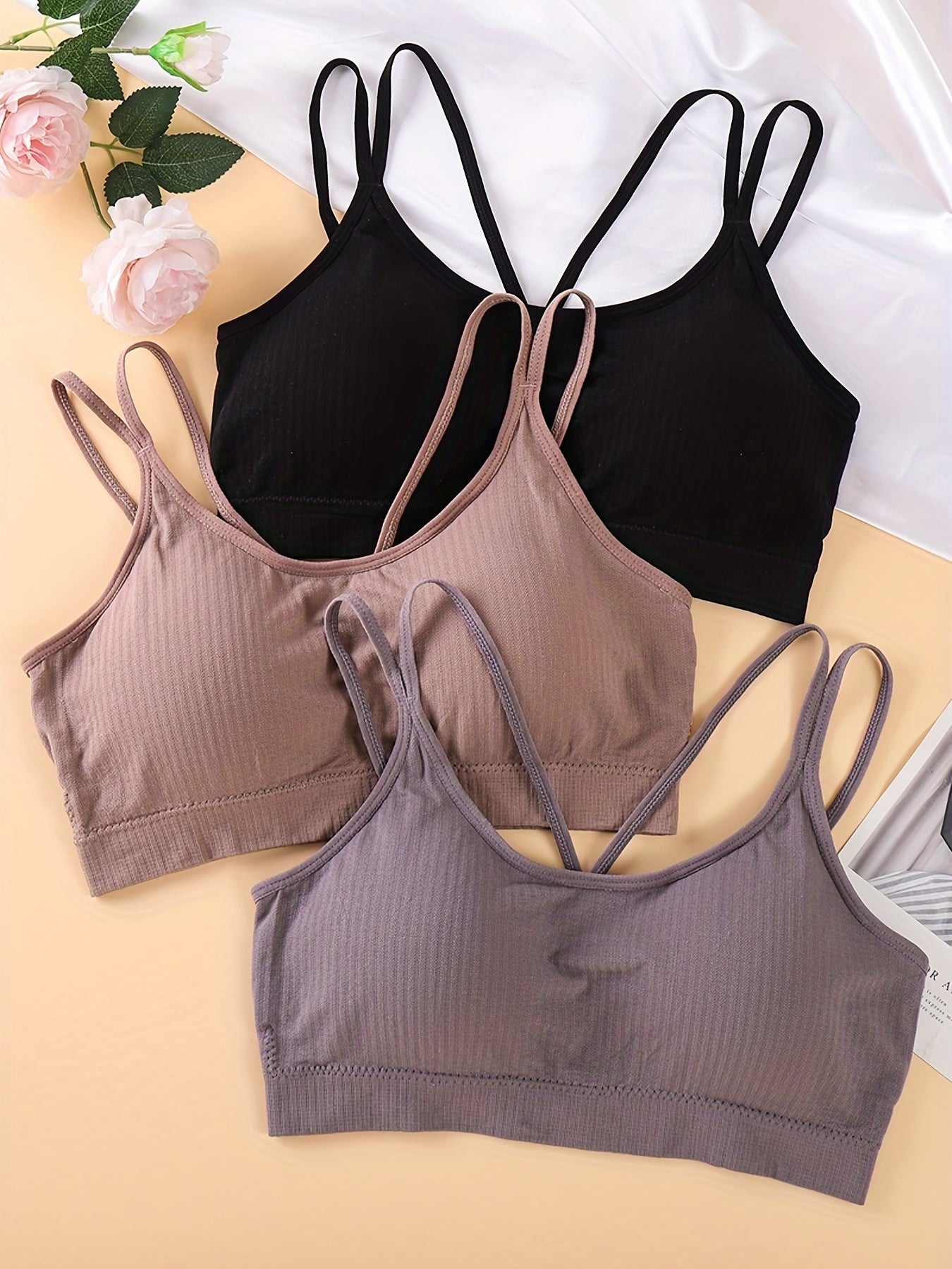 5pcs Solid Ribbed Wireless Bras Double Straps Women's Lingerie