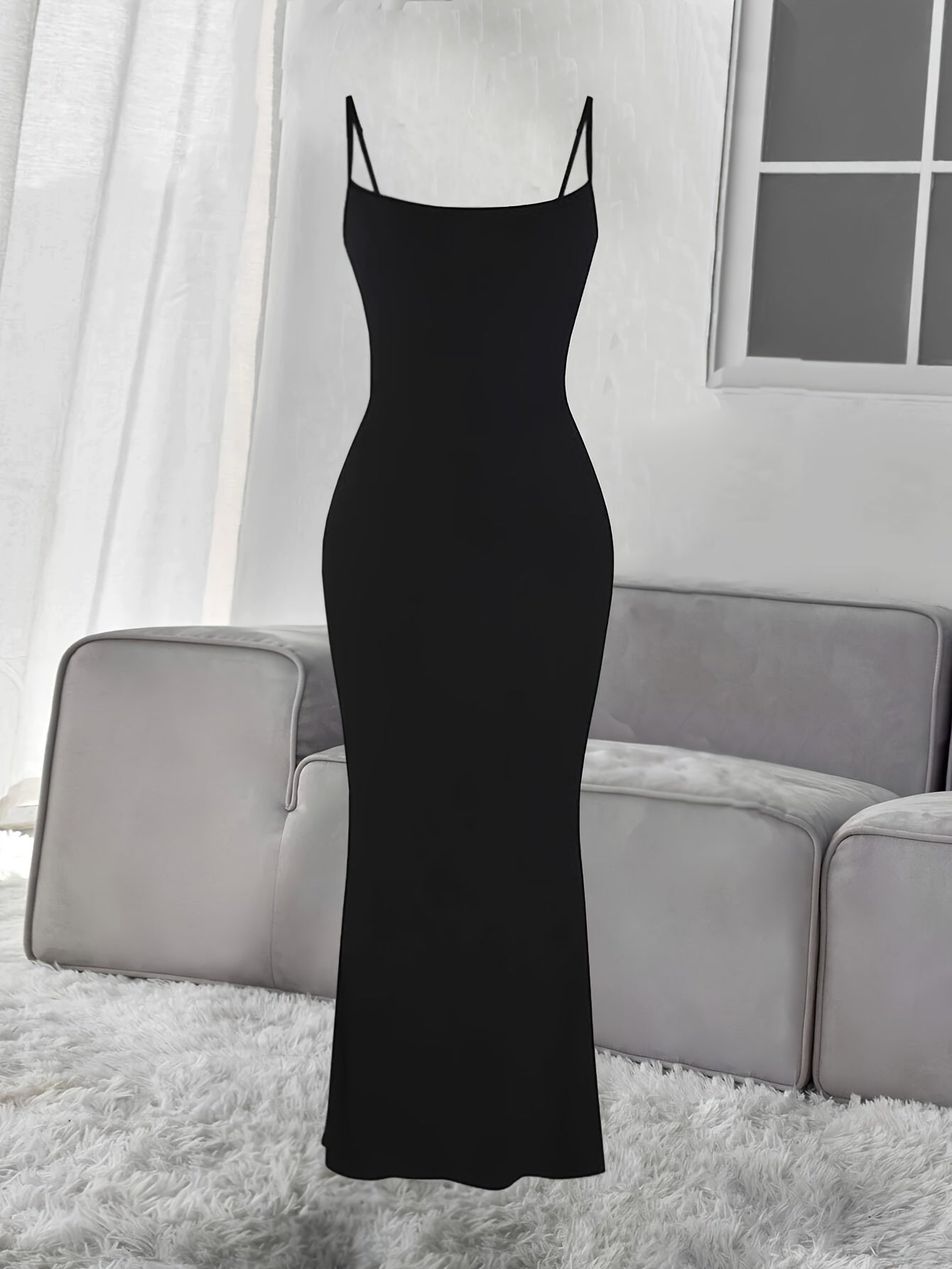Ribbed Slip Lounge Dress Crew Neck Spaghetti Strap Home Dress