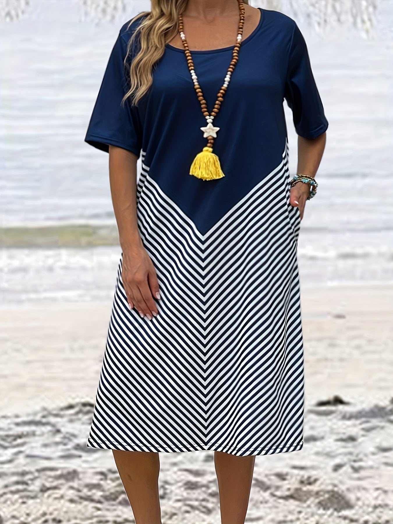  Colorblock Strip Short Sleeve Dress With Pockets