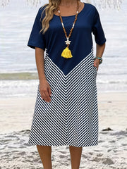  Colorblock Strip Short Sleeve Dress With Pockets