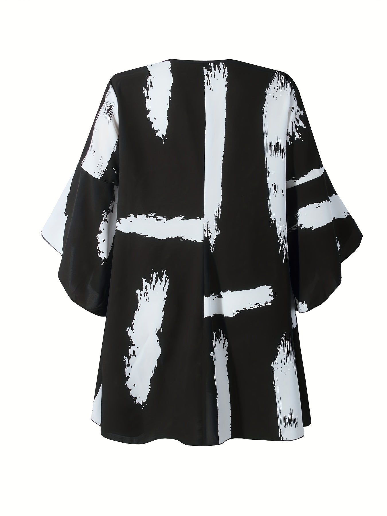  Brush Print Bell Sleeve Dress With Belt