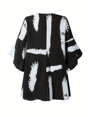  Brush Print Bell Sleeve Dress With Belt