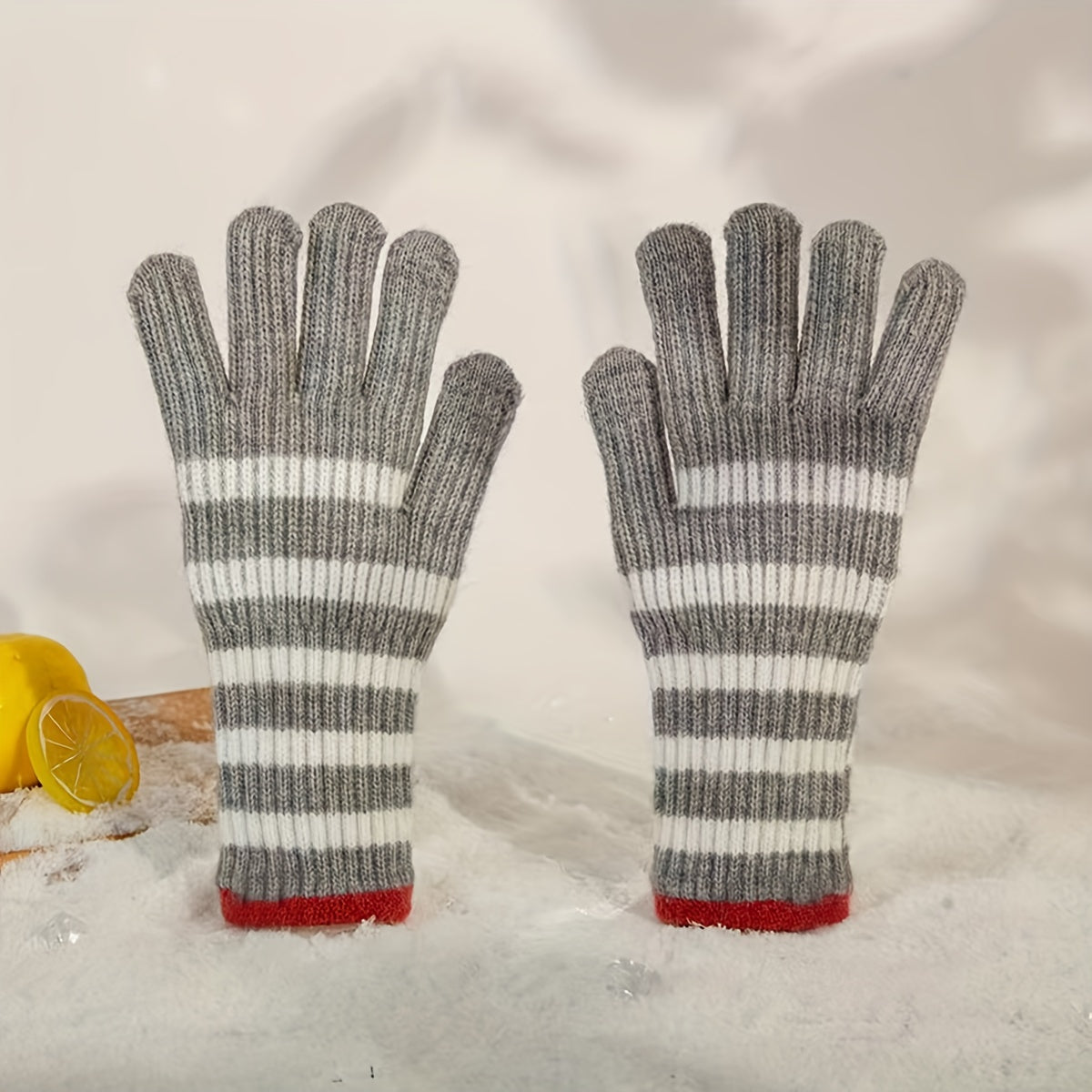 Cashmere Knit Gloves Colorblock Stripes Wrist Gloves for Autumn & Winter