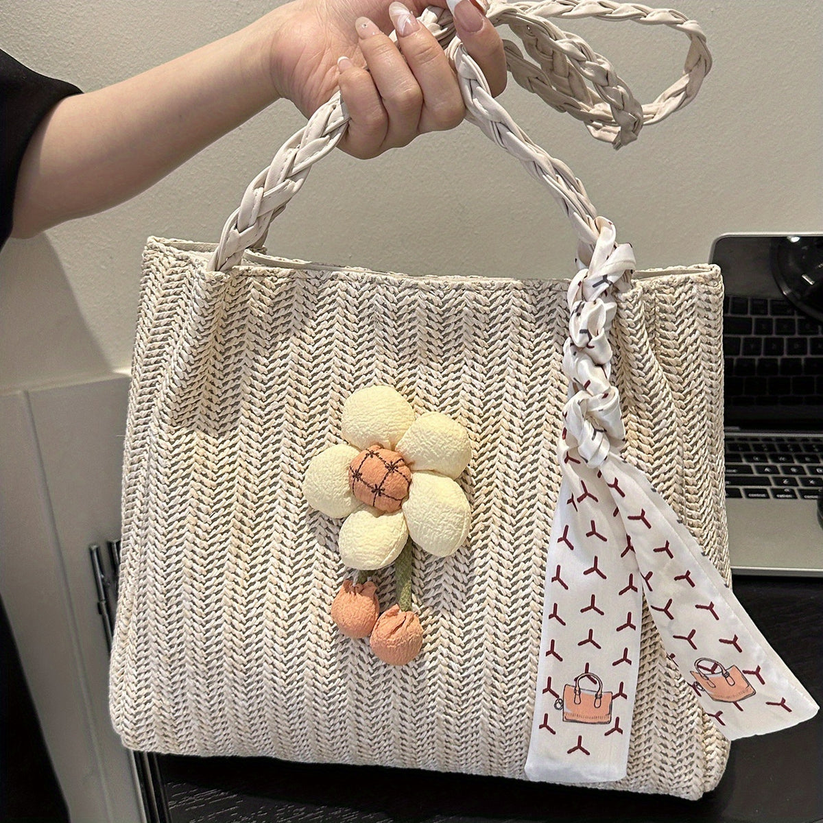Large Capacity Straw Tote Bag with Woven Handle & Scarf Decor