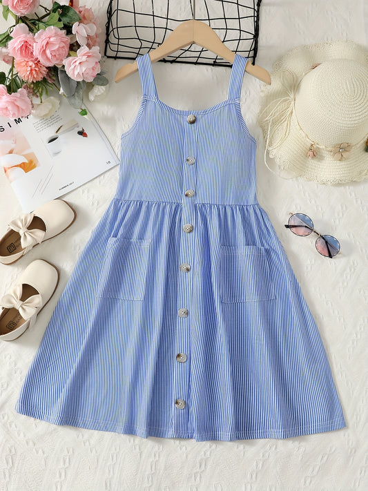 Girls Striped Button Front Summer Cami Dress with Pockets