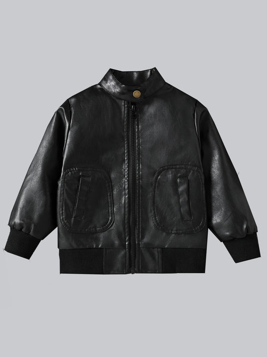 Boy's Fashionable Stand Collar Leather Jacket