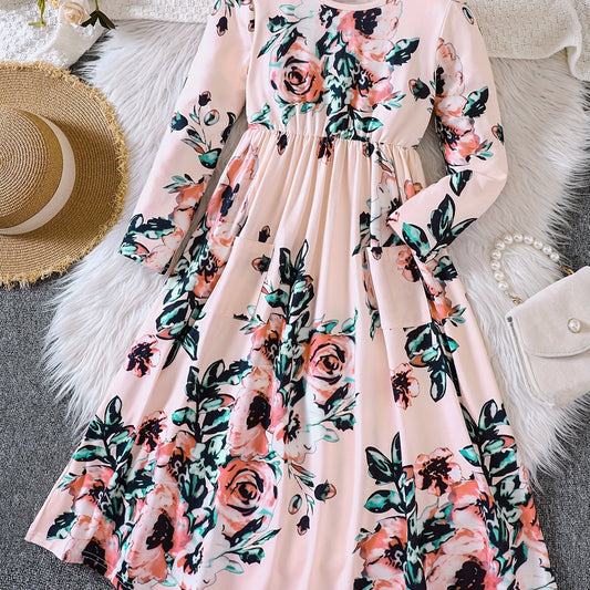 Girls' Retro Floral Print Long Sleeve Dress With Belt