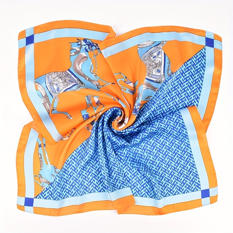 Horse Print Square Scarf Block Bandana Satin Shawl Silk Neckerchief