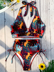 Leaf Print Halter Neck Bikini Set V Neck High Cut Tie Side Cut Out Swimsuit