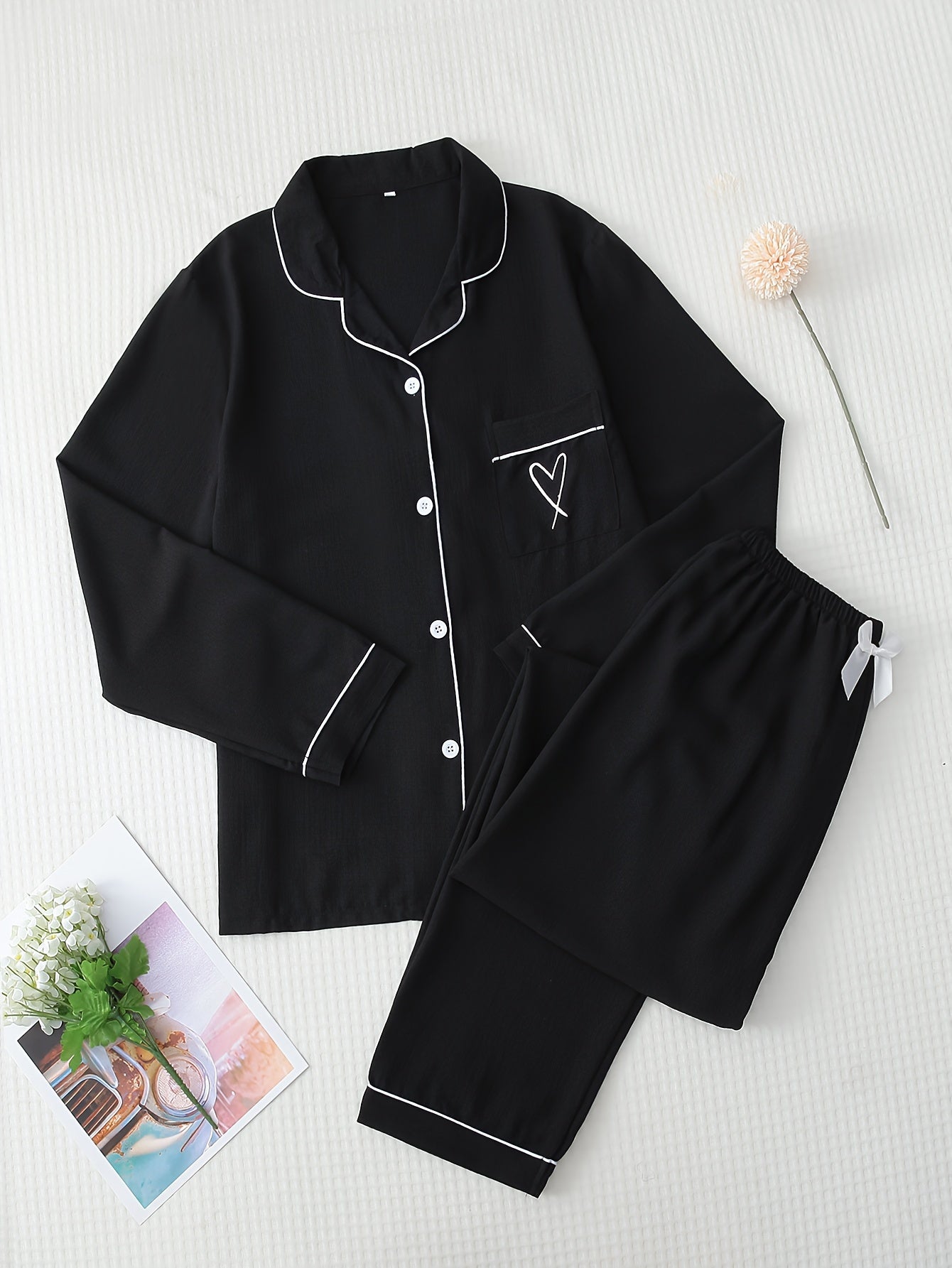 Heart Print Pajama Set Long Sleeve Buttons Top & Elastic Waistband Pants Women