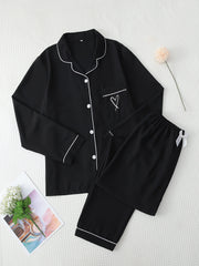 Heart Print Pajama Set Long Sleeve Buttons Top & Elastic Waistband Pants Women
