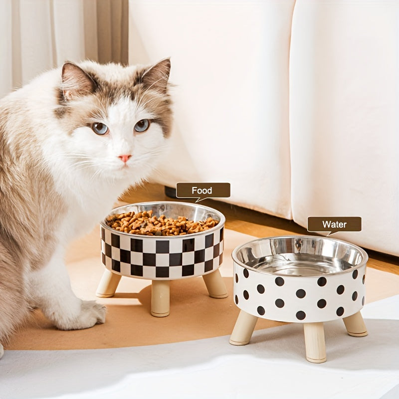 Elevated Graphic Pattern Cat Bowl With Wooden Stand