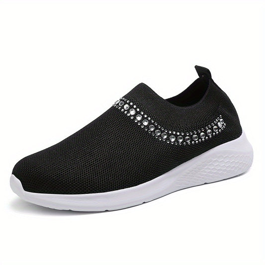 Women's Breathable Knit Sneakers Low Top Faux Rhinestone Casual Shoes
