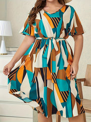  Graphic Print V Neck Dress With Belt