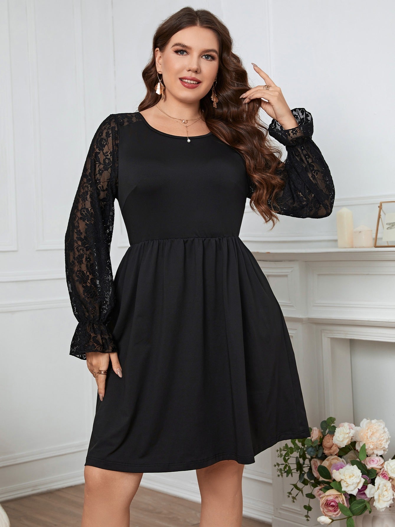  Long Sleeve Lace Crew Neck Ball Gown