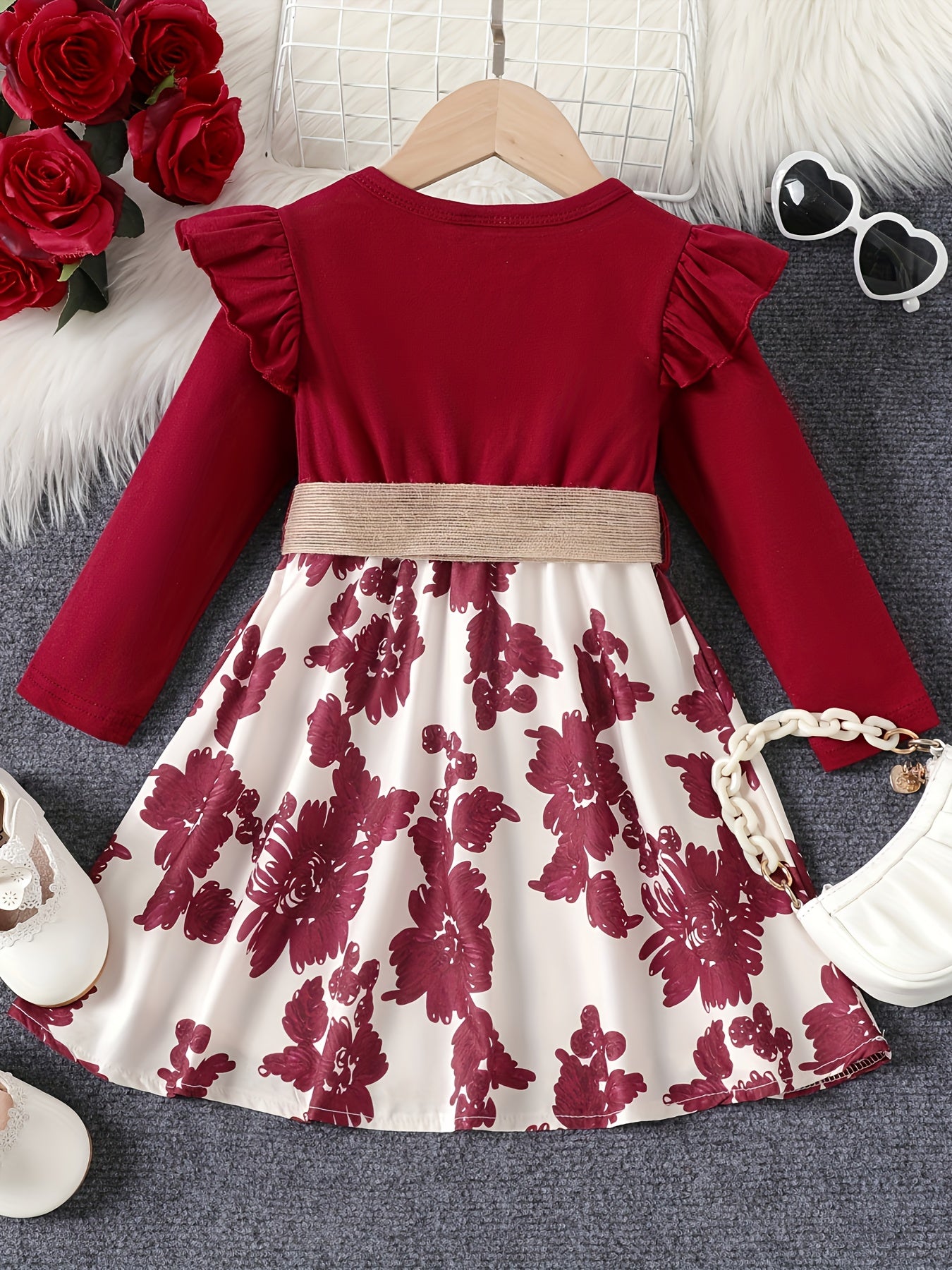 Retro Floral Long Sleeve Dress for Girls with Ruffle Trims