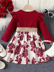 Retro Floral Long Sleeve Dress for Girls with Ruffle Trims