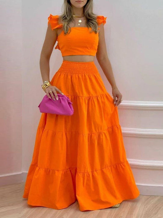 Women's Solid Tight Top & Swing Skirt Set
