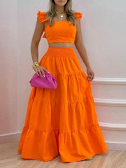 Women's Solid Tight Top & Swing Skirt Set