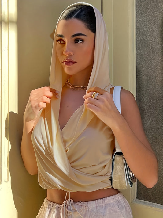 Sleeveless Crop Top Hoodie Solid Casual Top