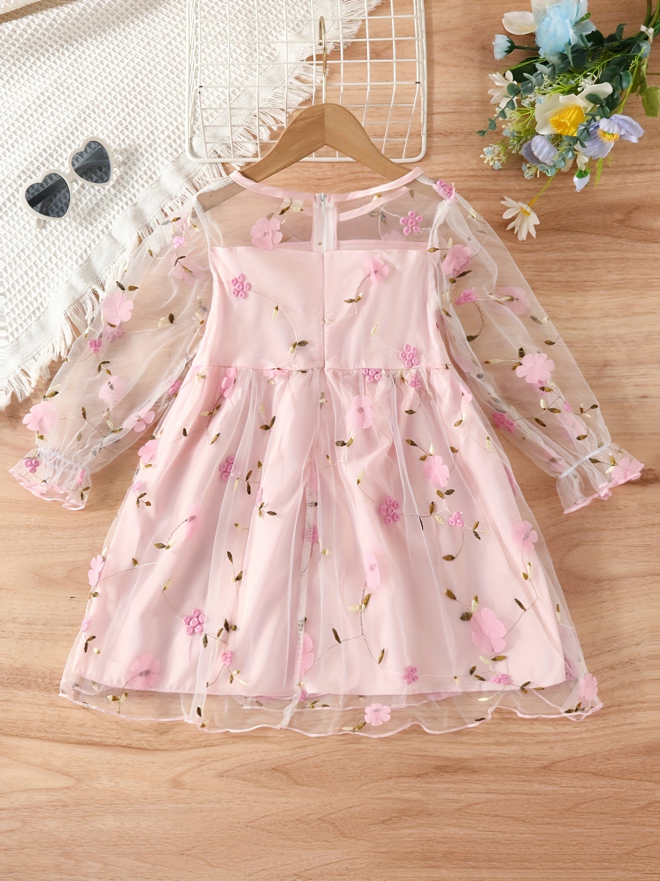 Girls Long Sleeve Flower Mesh Dress Sweet Princess Summer