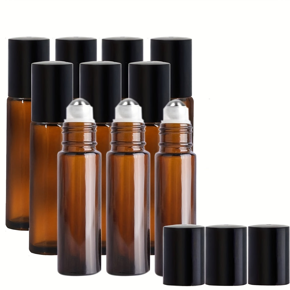 10pcs 10ml Amber Glass Roller Bottles With Stainless Steel Roller Balls And Caps